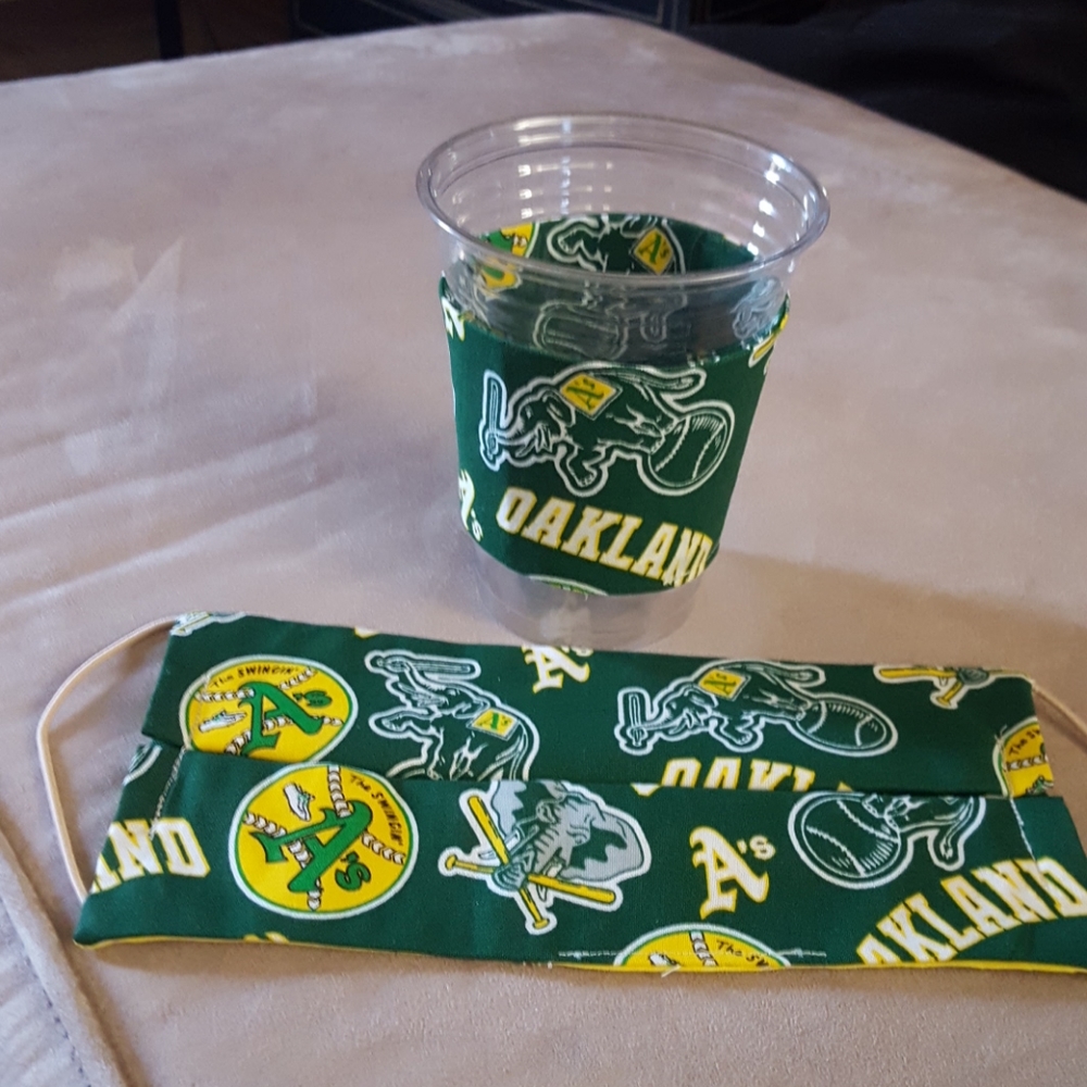 Oakland A's Face Mask with Coffee Cup Cozy.